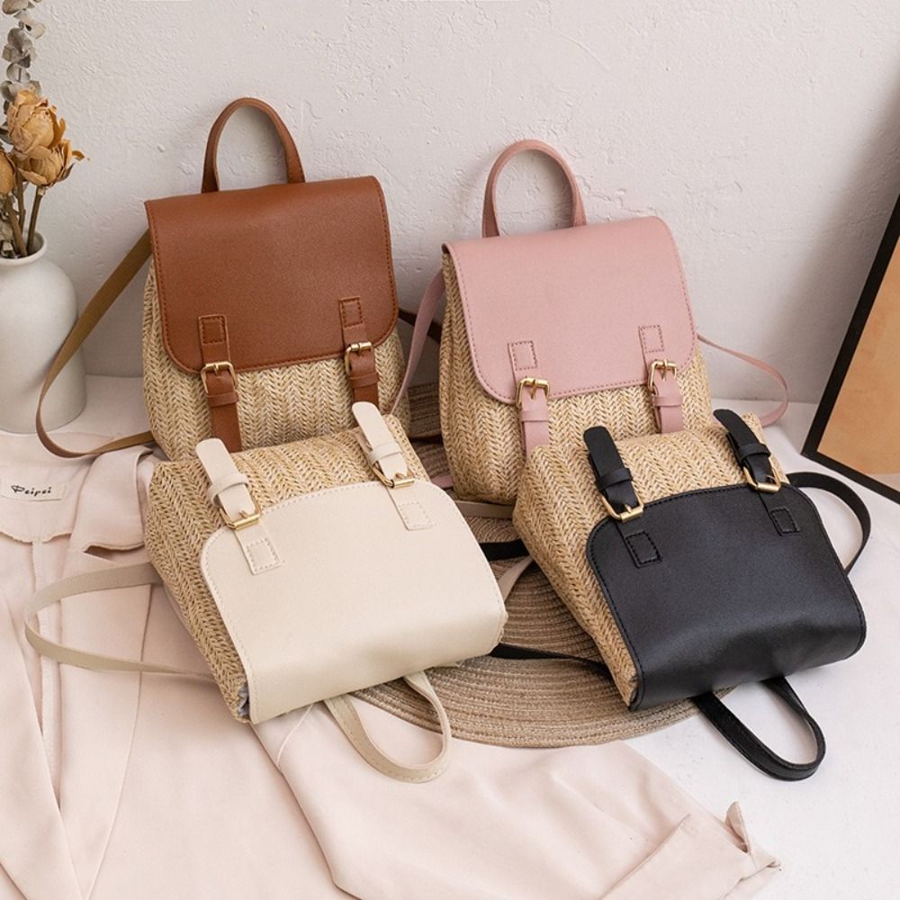 Trend PU Leather Straw Backpac - Leather Backpack Vintage 评论和价格